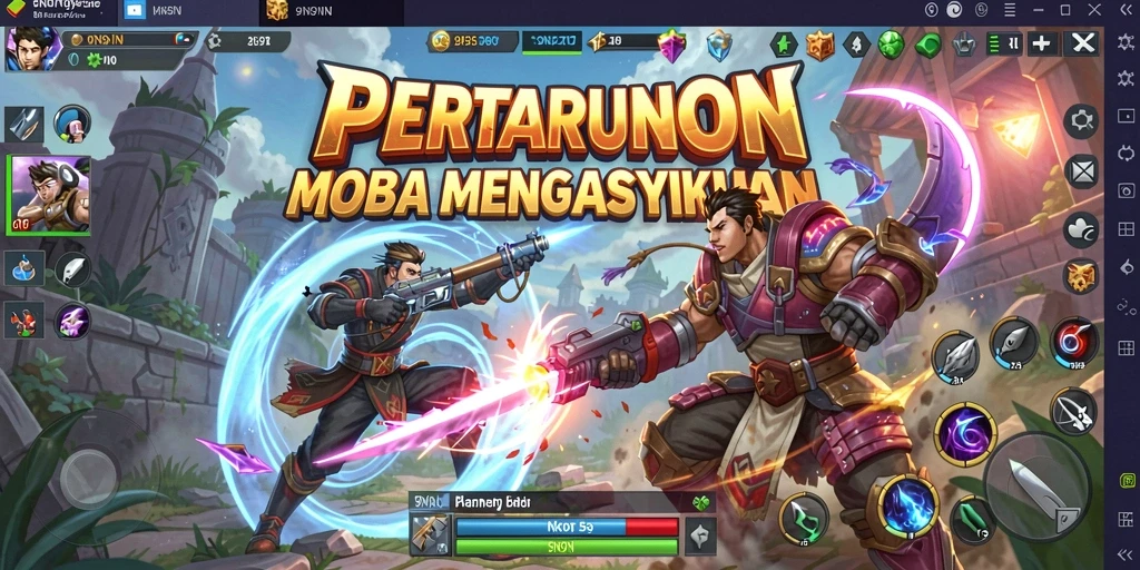 Tampilan gameplay seru di 9N9N dengan aksi MOBA yang mendebarkan.