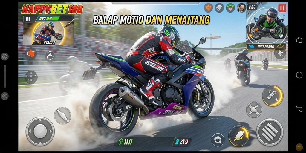 Screenshot dari gameplay <strong>HAPPYBET188</strong> menunjukkan balapan motor yang mendebarkan.
