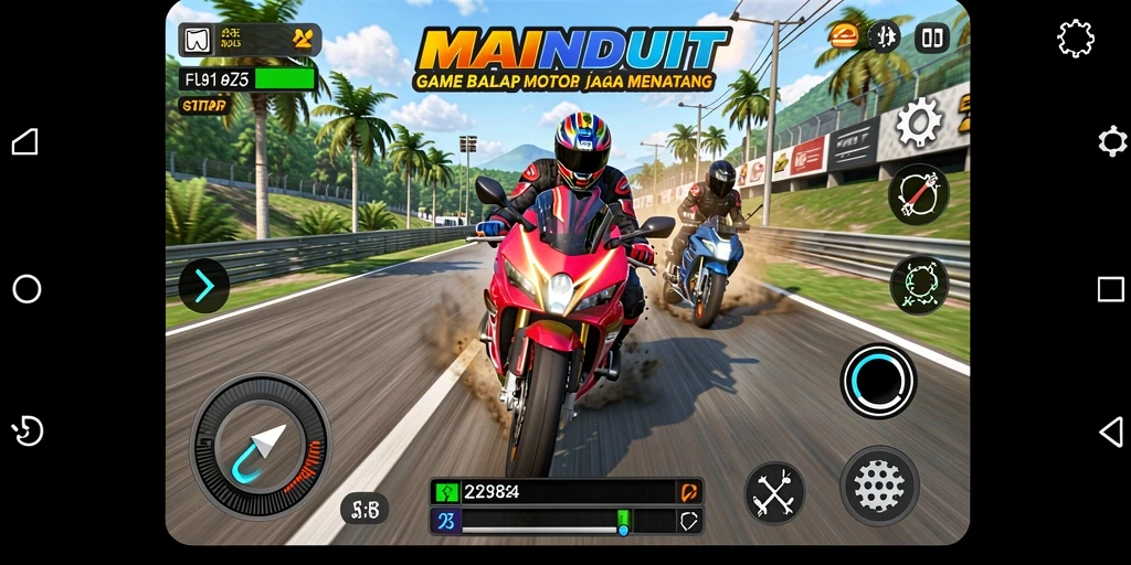 Screenshot gameplay MAINDUIT yang menampilkan aksi balapan motor yang seru.