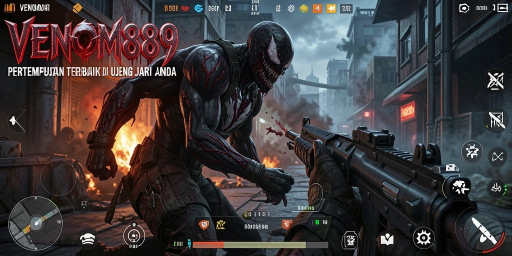 Tangkapan layar utama VENOM889 menampilkan aksi tembak-menembak yang mendebarkan.